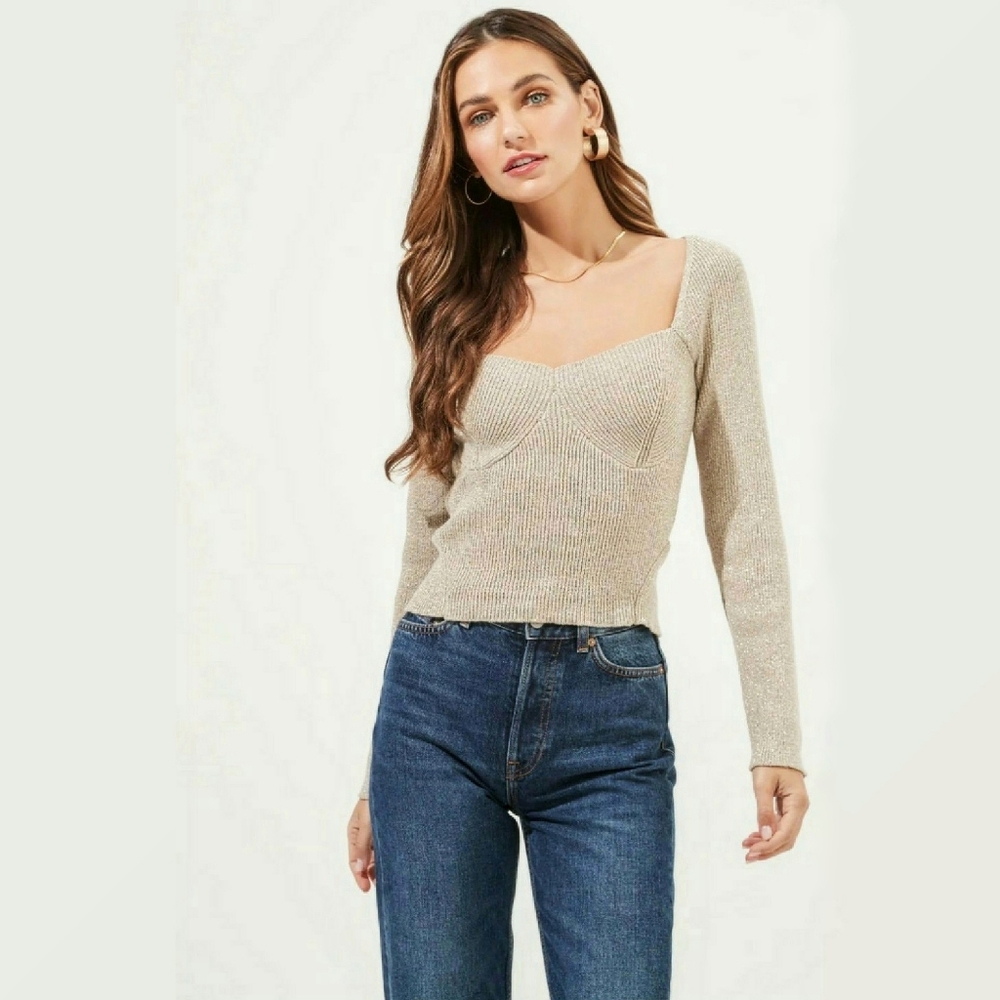 NWOT ASTR Fletcher Romantic Sweetheart Neck Ribbed Knit ECRU Bustier Sweater M